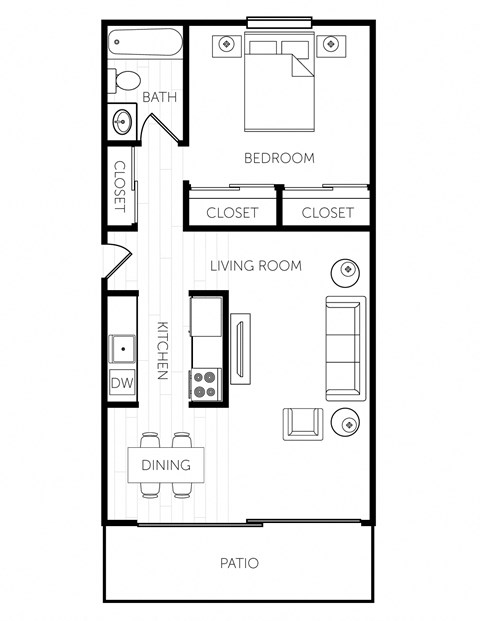Floor plan for 1 bed, 1 bath, 581 sqft